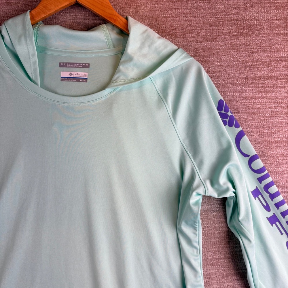 Columbia PFG Tidal Tee Hoodie Women XL Mint Green UPF 50 EUC Omni-Shade Shirt
